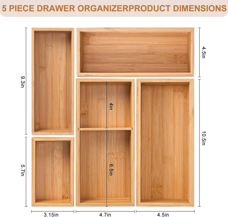 Buwheekoki Bamboo Drawer Organizer 5 Pcs for Kitchen Multi-purpose Storage Dividers for Kitchen, Office, Jewelry, Cosmetics, Wooden Drawer Dividers for Drawer Organizer Desk Organizer Gift for Women Gifts Idea - Image 2